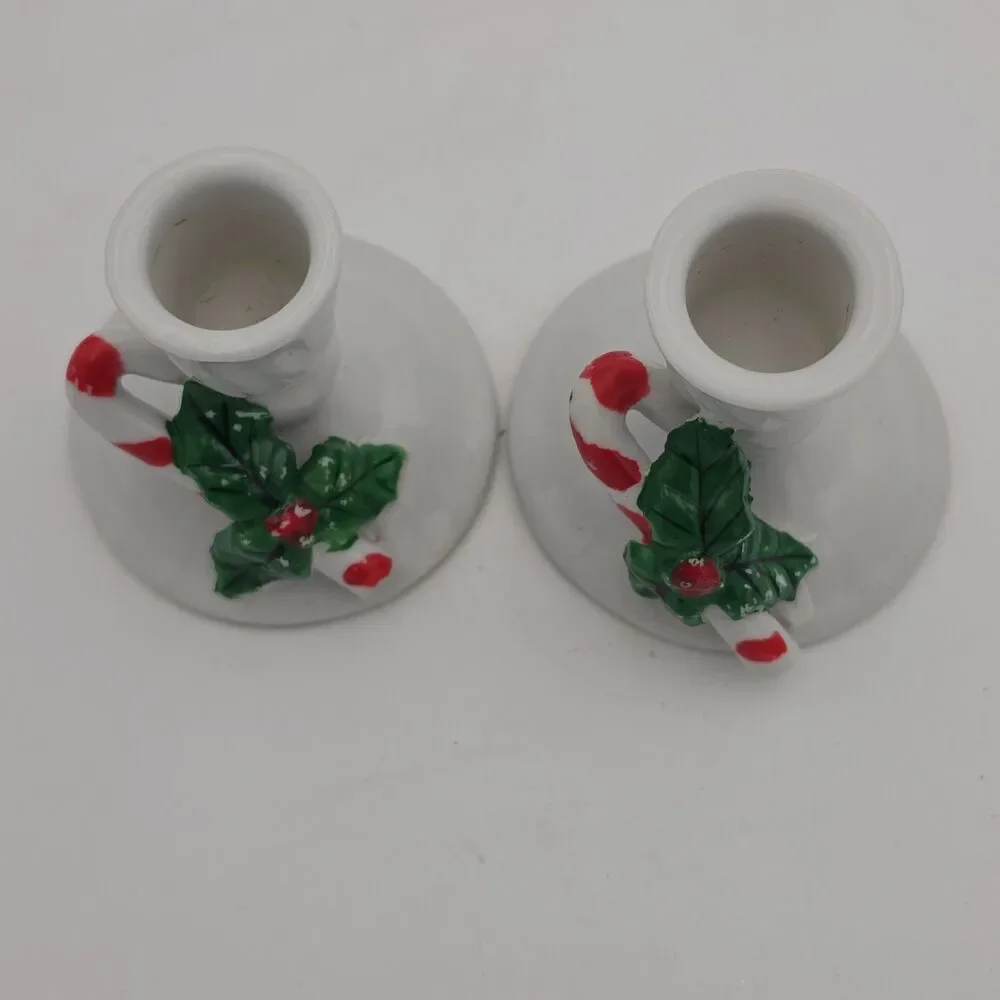 Vintage Christmas Ceramic Taper Candle Holders Set of 2 Candy Cane Holly